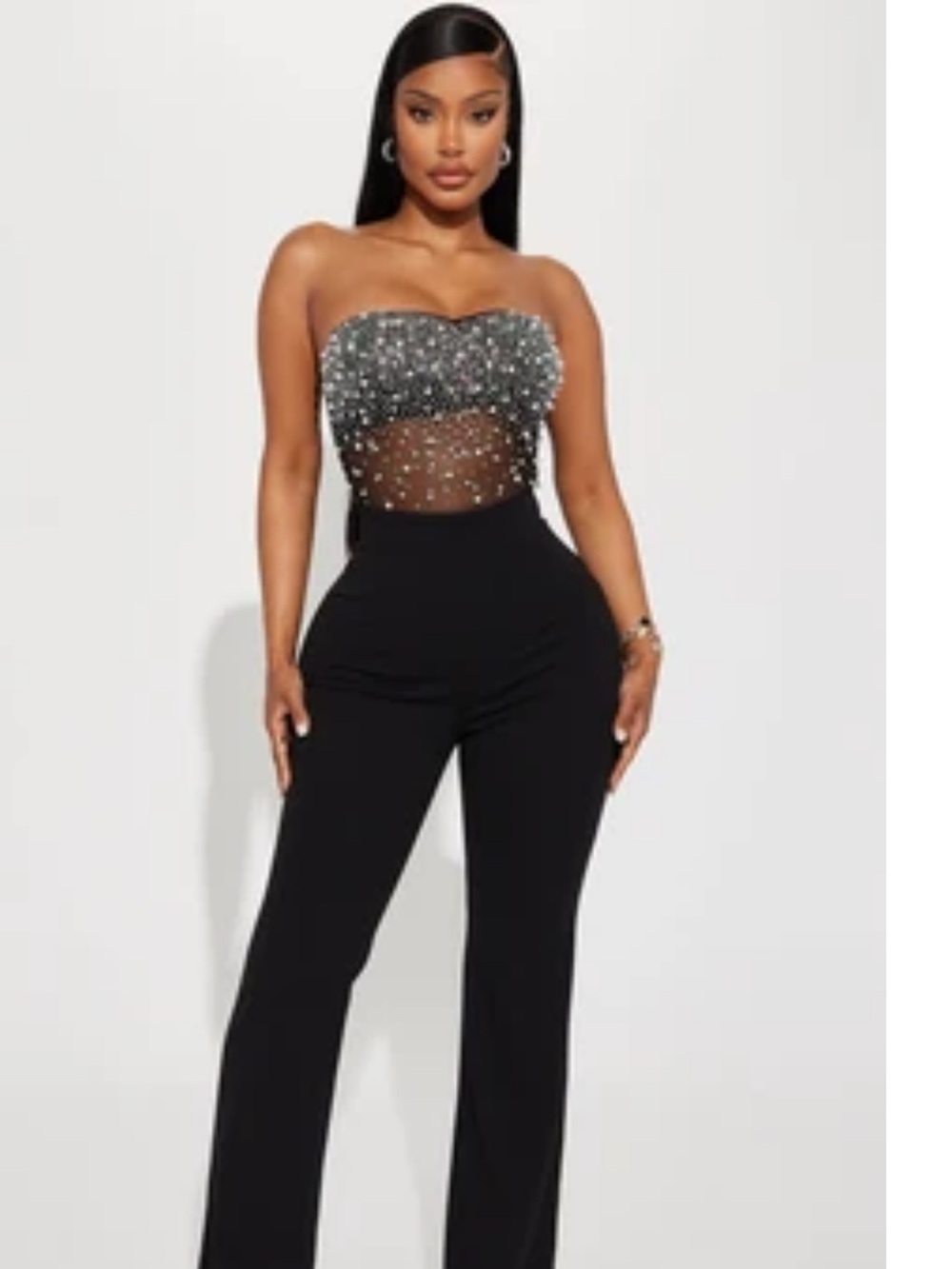 Fashion Nova Black Wide-Leg Jumpsuit with Silver Embellished Bust